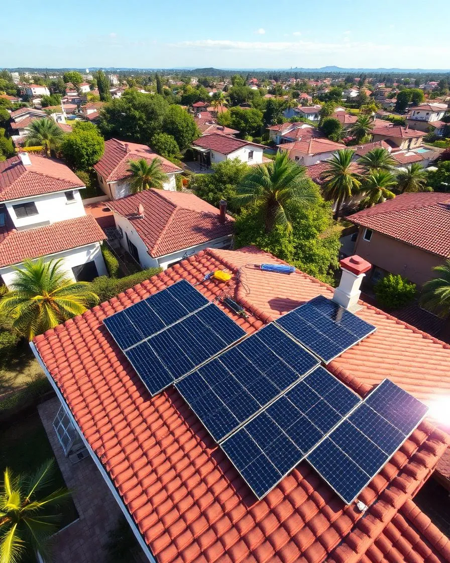 Drone sobrevoando telhado com sistema fotovoltaico